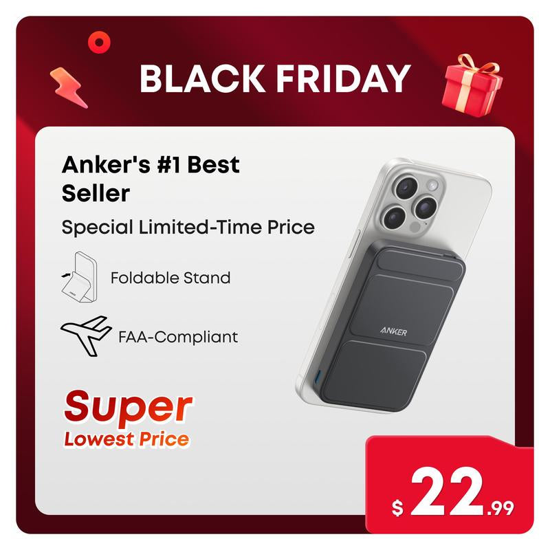 Anker Magnetic Power Bank, Built-In Foldable Stand, USB-C Port on the Side, 5,000Mah Capacity, Perfectly Compatible with Iphone 17/16/15/14/13 Series